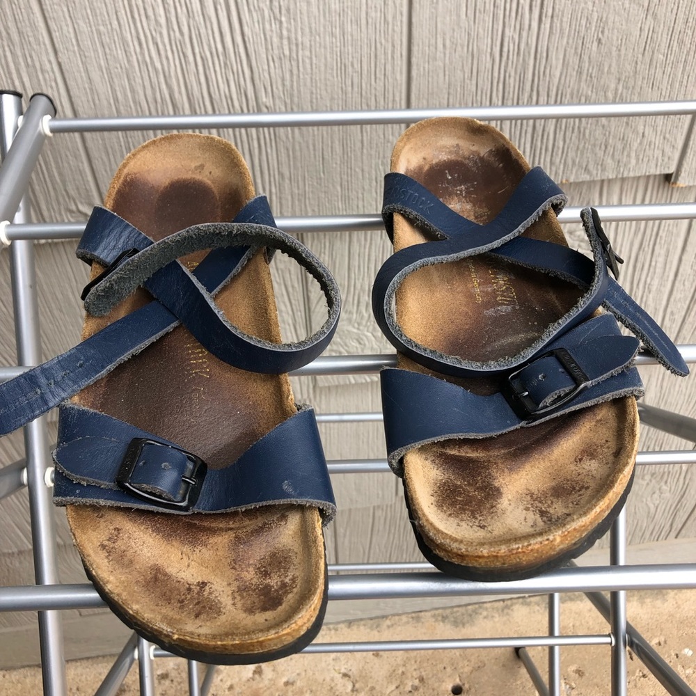 Navy blue leather ankle wrap birkenstock sandals